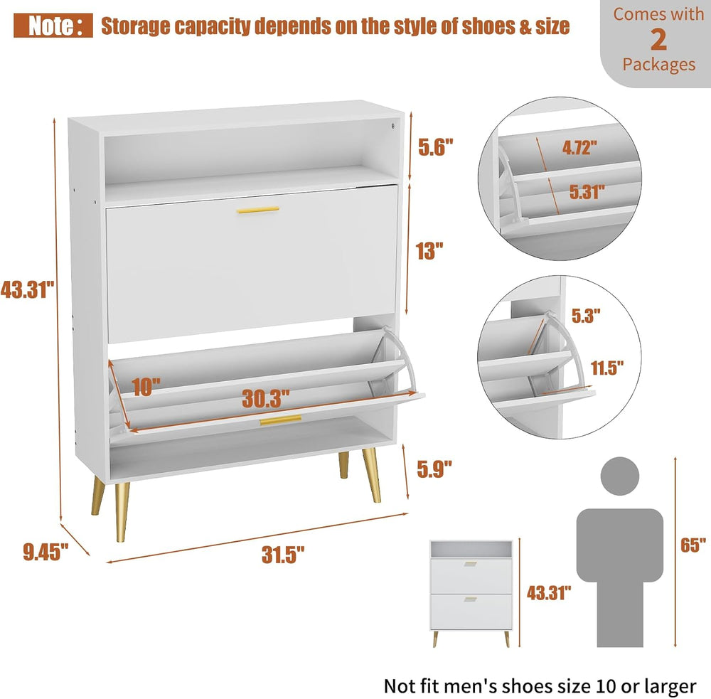 JOZZBY Shoe Storage Cabinet with 2 Flip Drawers and Open Shelves, White, 2PCS...
