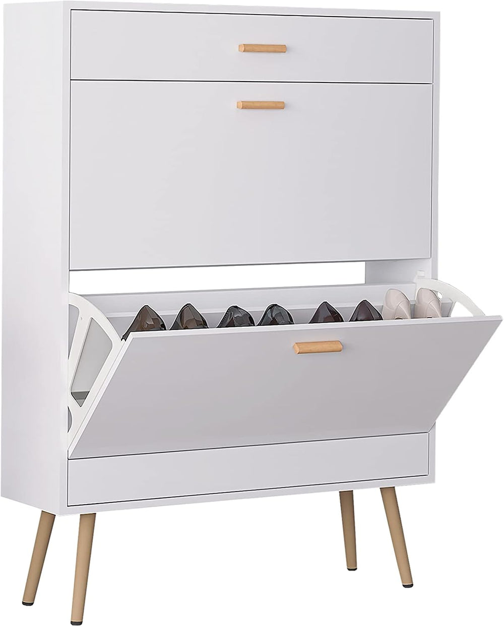 White Shoe Cabinets with 2 Flip Drawers, Tipping Bucket 2-Tier 16 Pairs Shoe ...