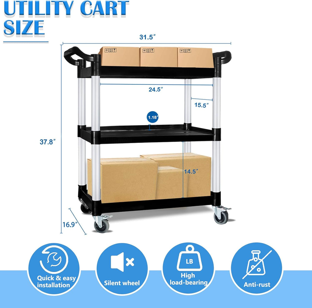 Utility Carts with Wheels, Rolling Kitchen Cart, 3 Tier Cart, Food Service Ca...