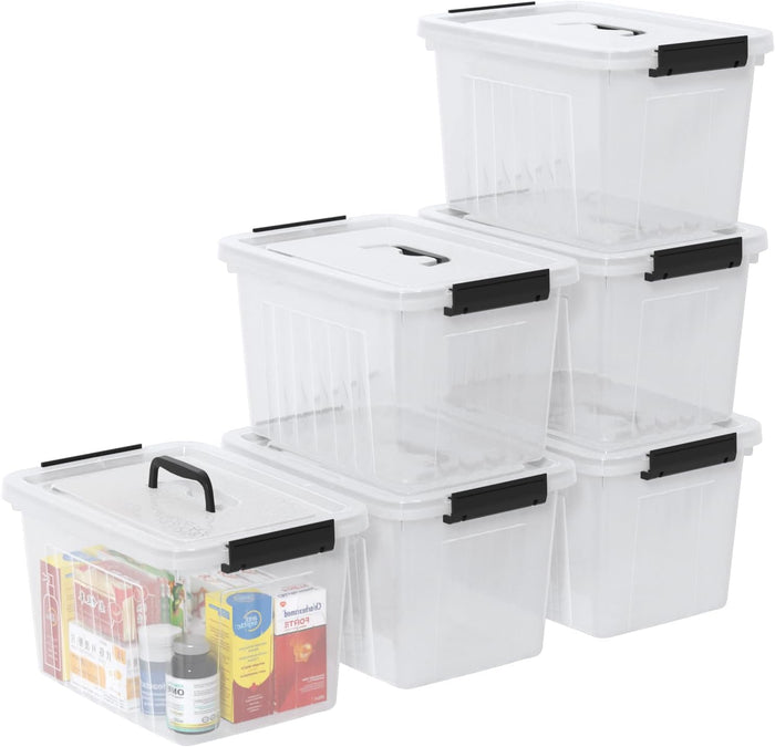 Saedy 6 Pack 12 Quart Plastic Latching Storage Box with Handle, Clear