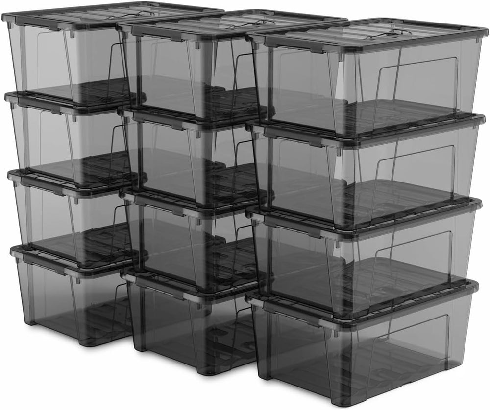 Clear Black Storage Bins with Lids, 12 Pack Plastic Containers with Carry Han...