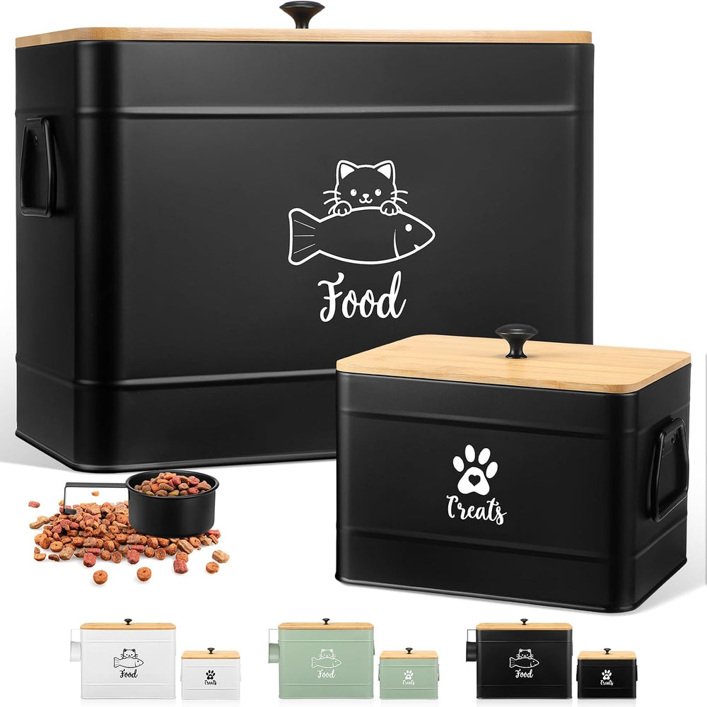 Reallnaive 2 Pcs Large Metal Cat Food Storage Containers 12+3.5 Lbs Decorativ...
