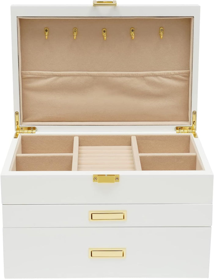 3 Layers Jewelry Storage Box with 2 Drawers, Large Wooden Jewelry Box for Women and Girls Necklace Ring Watch Organizer, White