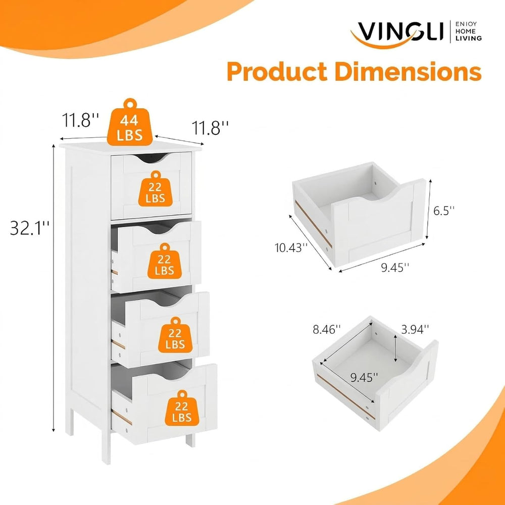 VINGLI White Bathroom Storage Cabinet with 4 Drawers Wooden Freestanding Slim...