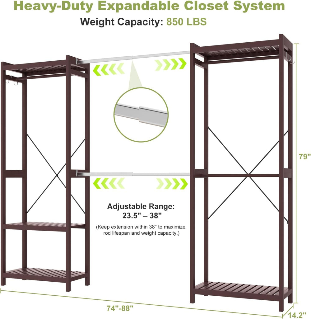 Homykic Bamboo Clothing Rack, 74”-88” Expandable Closet System, Espresso