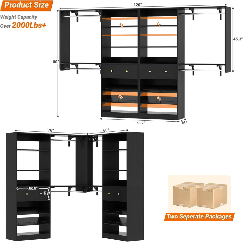 [10 FT Closet System] 120 Inch Reversible Set of 2 Wood Closet Organizer Syst...