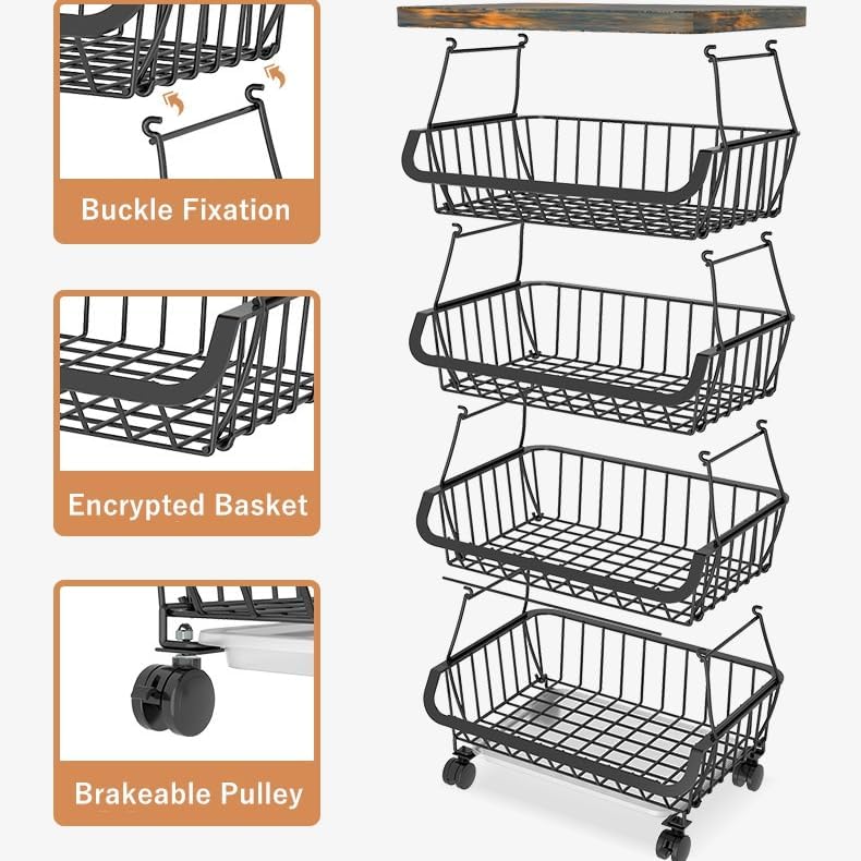 Metal Wire Baskets with Wheels, Kitchen Organizer, 6 Tier Stackable Storage C...