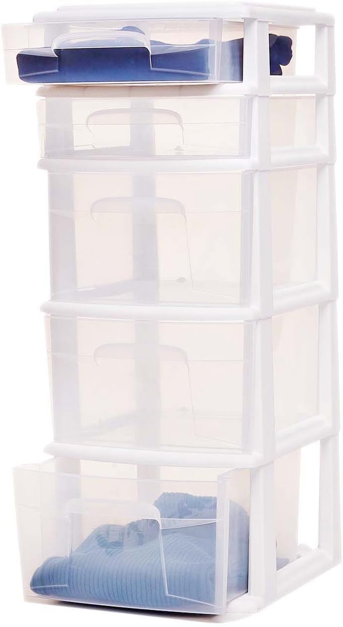 HOMZ 2-Pack Drawer Tower, 5-Tier Clear Plastic Storage Organizer Unit, White ...