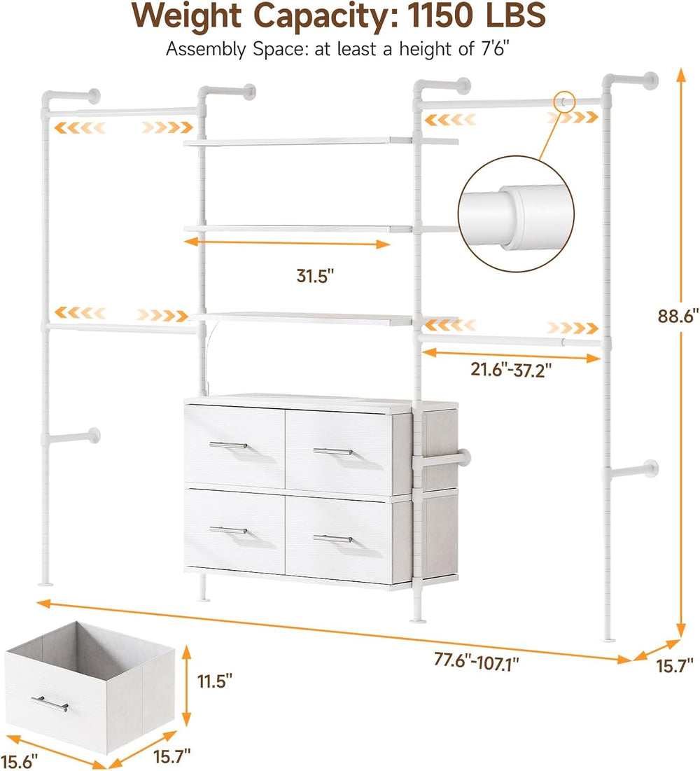ONBRILL T4 Closet System with Stepless Dimmable LED Light & Drawers, White