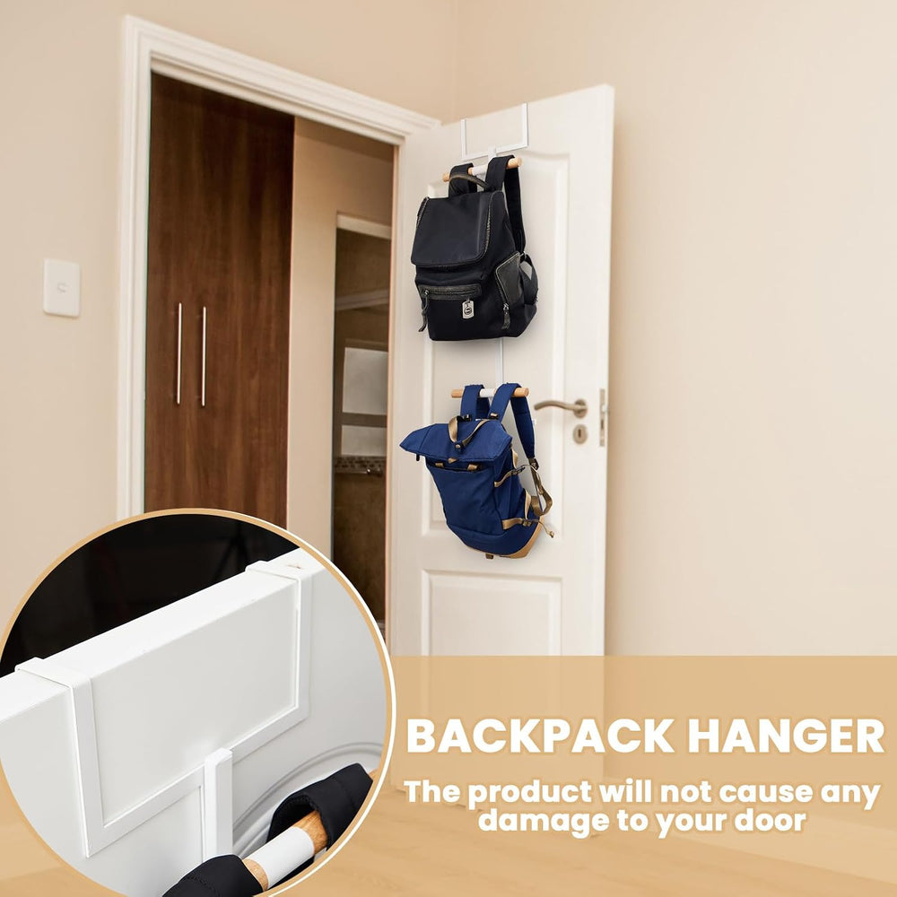 Briwooody 1 Pc Over Door Backpack Hanger, 2 Tier Metal Wood Hooks,White