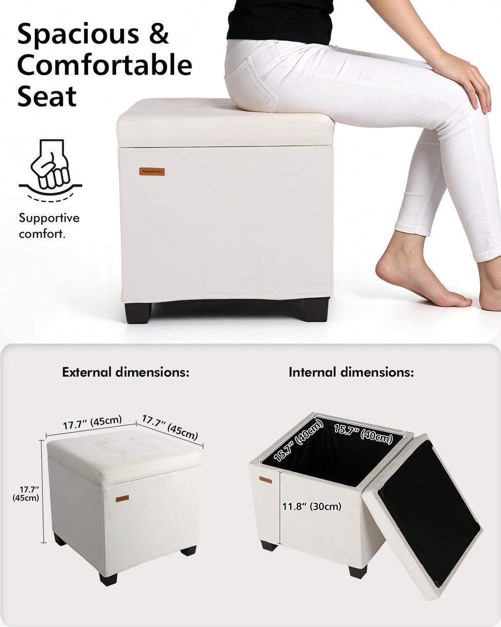 ABHENG Steel Frame Square Ottoman with Storage Off White UASND64W