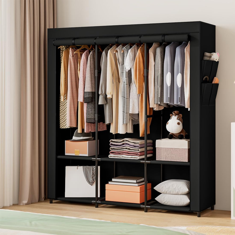 SORCEDAS Portable Closet Wardrobe with Hanging Rods Shelves Clothes Storage