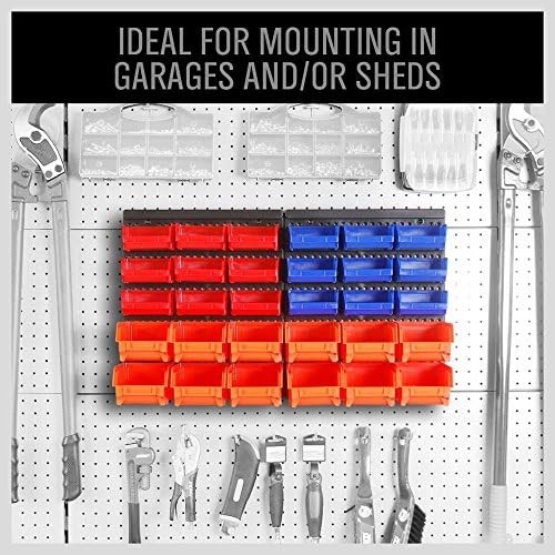 HORUSDY Wall Mounted Storage Bins Parts Rack 30PC Organizer Garage Plastic Sh...