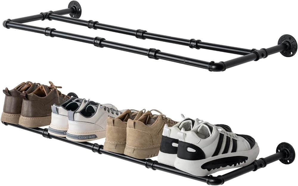 MyGift Matte Black Pipe Shoe Rack Shelves, Wall Mounted Footwear Organizer