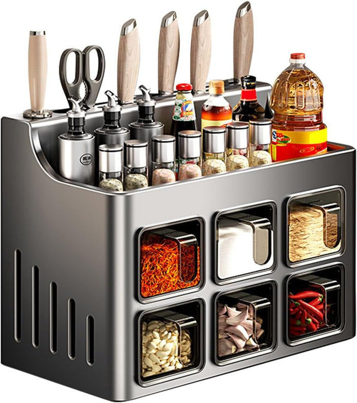 Multifunctional Spice Rack Organizer Wall Mounted with Knife Holder Kitchen Hanging Seasoning Jar Organization (6 Boxes)