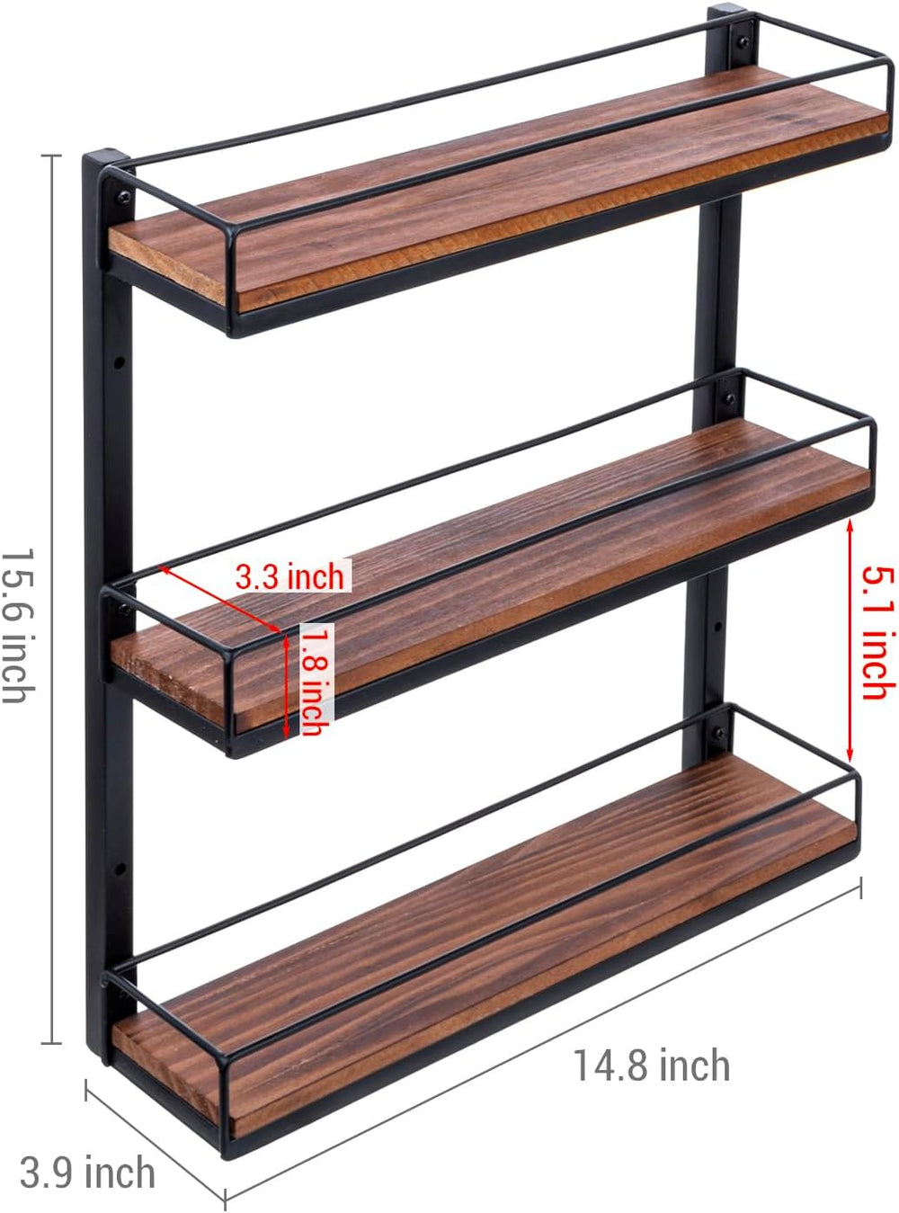 MyGift 3 Tier Spice Rack, Black Metal & Burnt Wood Wall Shelf