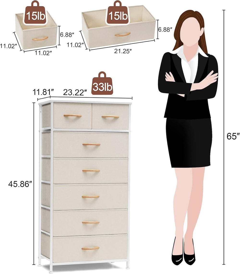 Fabric Dresser with 7 Drawers, Vertical Storage Tower (Beige)