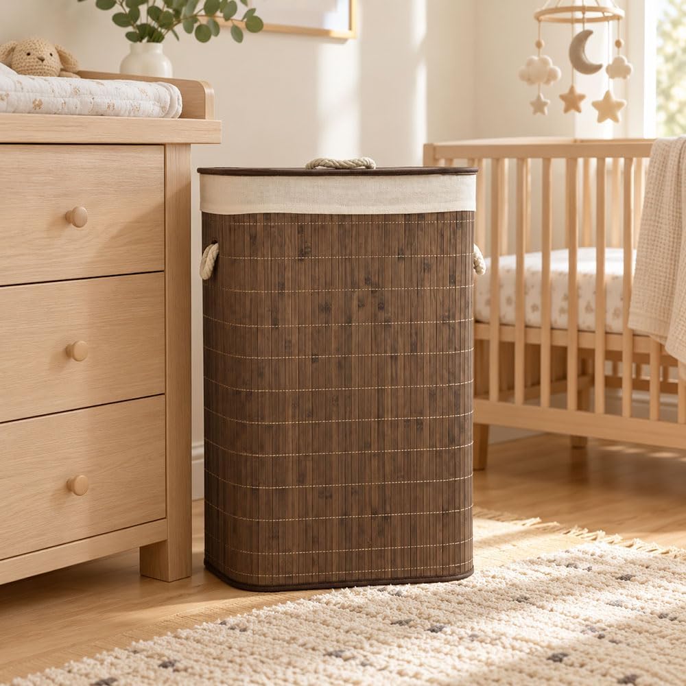 Home Basics Durable Foldable Bamboo Laundry Basket Hamper | Rectangular | Rem...