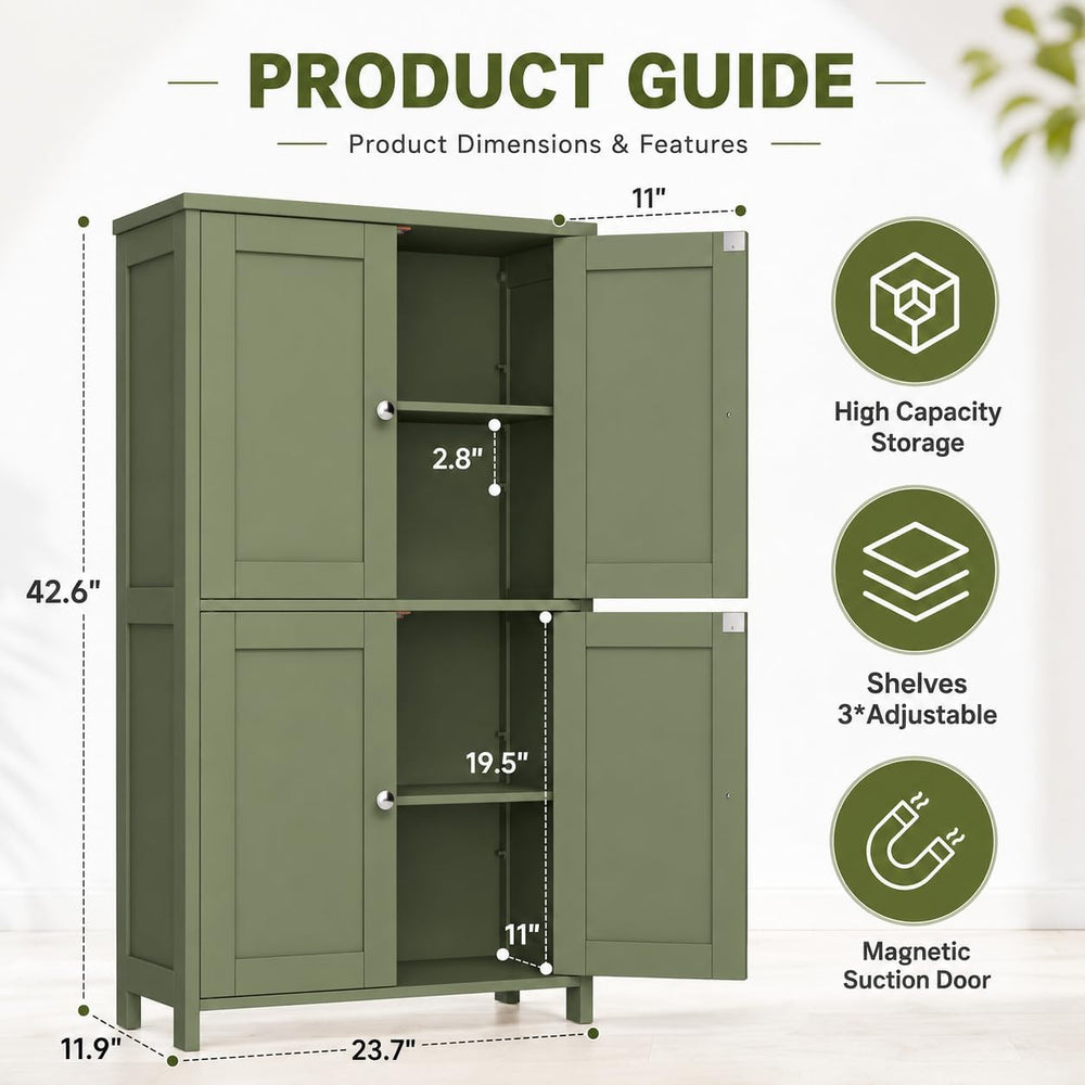 Nuturelly Bathroom Floor Storage Cabinet, 4 Doors, Anti-Tip, Pale Green