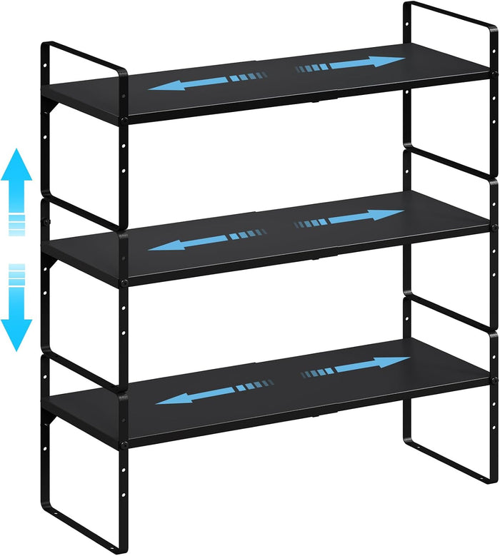 15.5 to 25.5 Inch Kitchen Cabinet Shelf Organizers, Adjustable Kitchen Counter Shelf Organizer, Set of 3 Expandable Countertop Storage Shelves, Stackable Design, 30LBS Heavy Duty, Space Saver