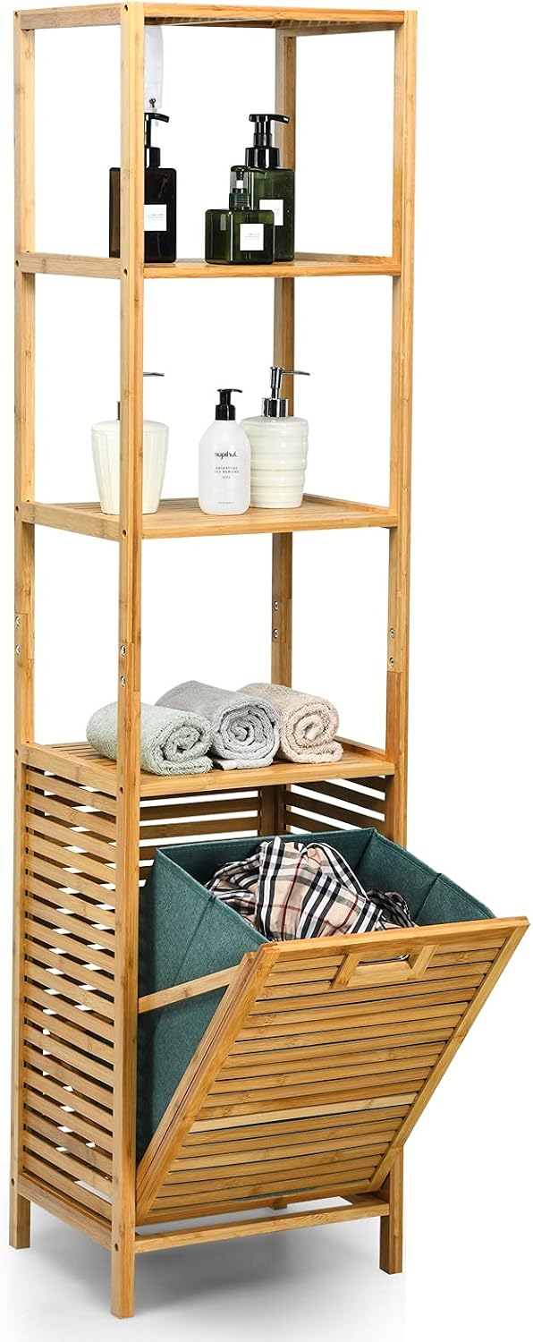 4 Tier Bamboo Shelves with Tilt Out Laundry Hamper, Freestanding Storage Shel...