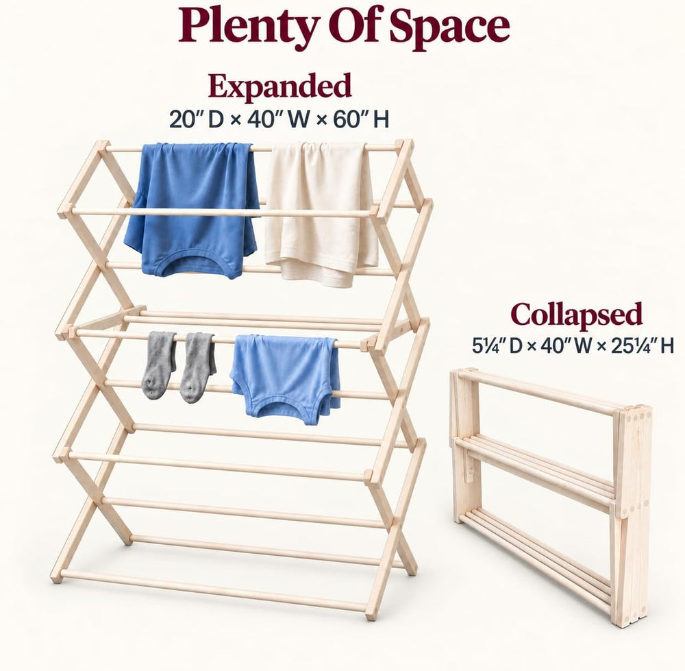Peaceful Classics Wooden Folding Laundry Rack, 60x40x20 Inches