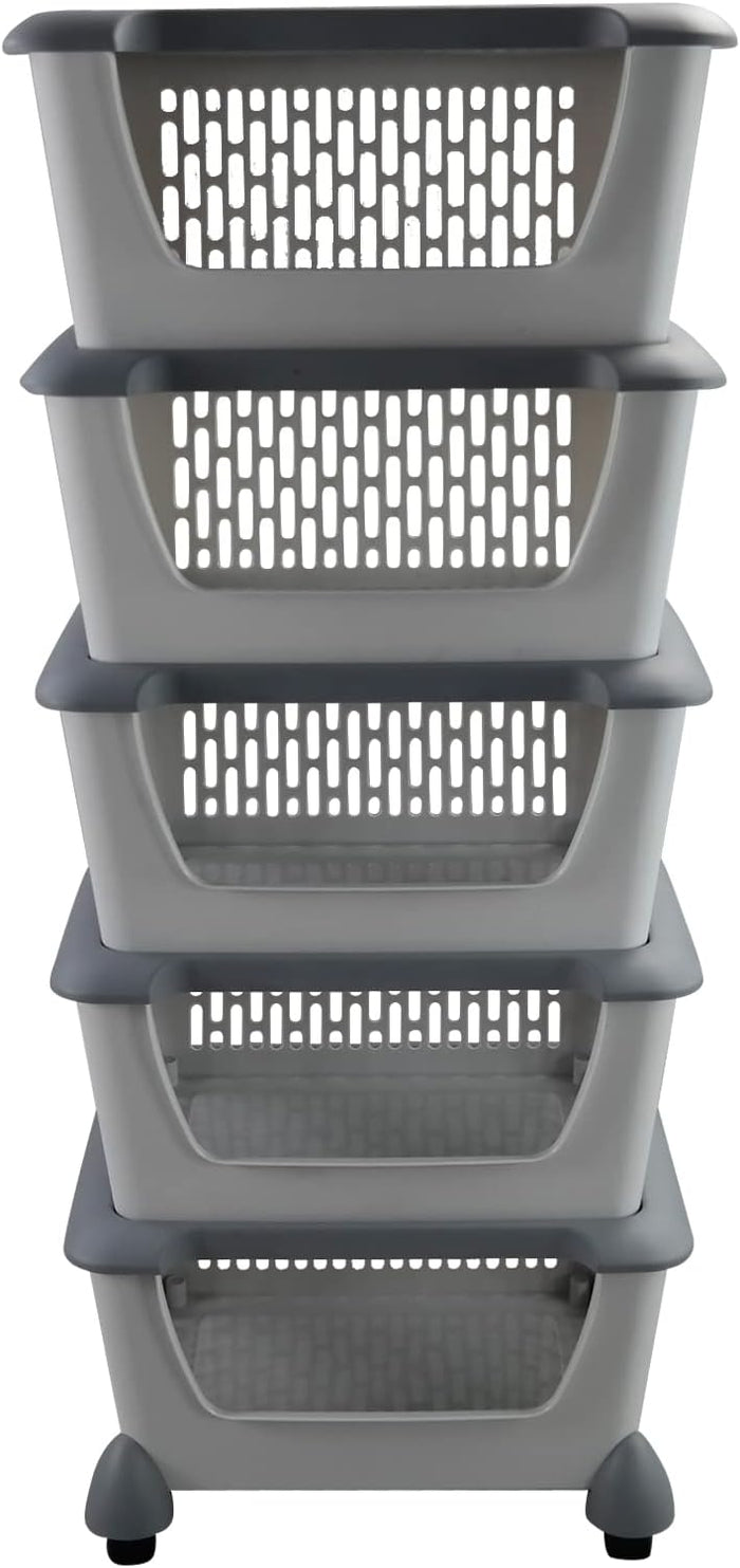 Cand 5-Pack Large Stackable Storage Bins, Plastic Stacking Baskets, Grey