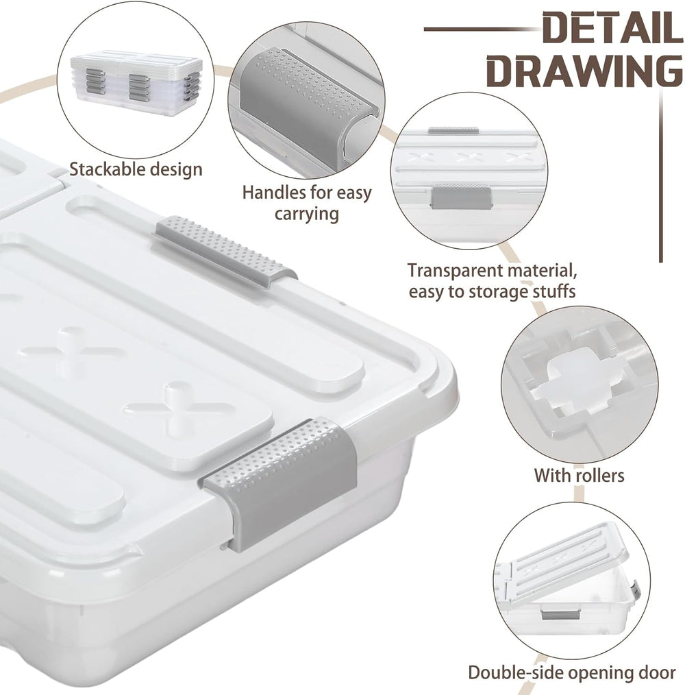 Beeveer 4 Pcs Plastic Under Bed Storage Container 31.5x15.8x5.2inch, White