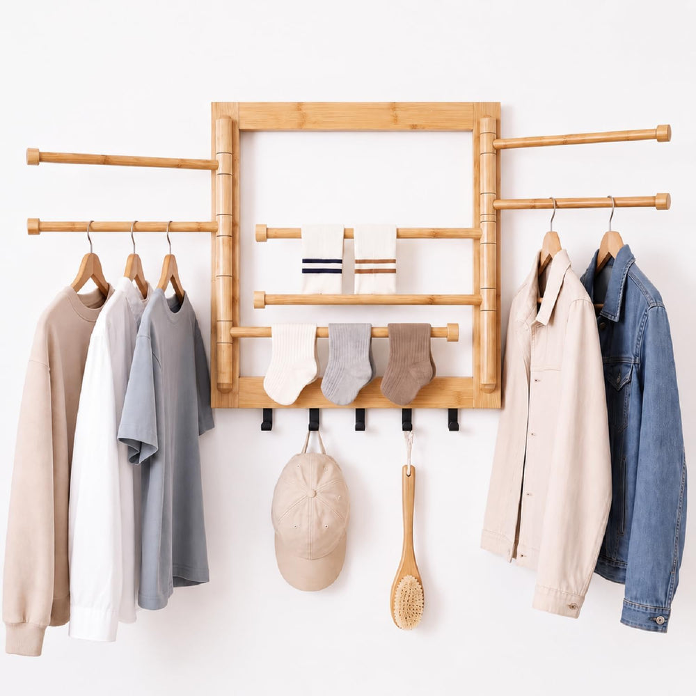 Sintuff Bamboo Wall Mounted Drying Rack with 8 Swivel Arms, 80 lbs, Natural