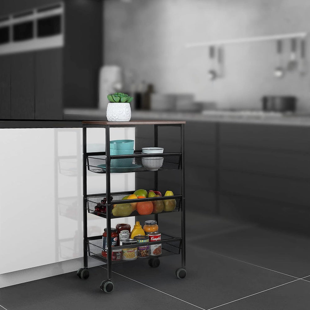 MOOACE Kitchen Cart on Wheels, 3-Tire Metal Mesh Rolling Utility Cart with Wo...