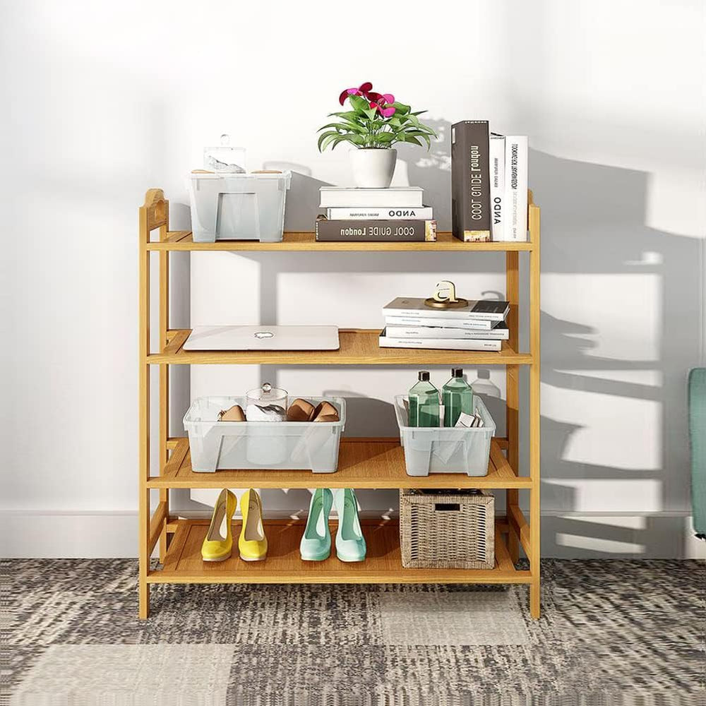 4 Tier Bamboo Shoe Rack,Shoe Organizer Free Standing Entryway Shoe Tower Shel...