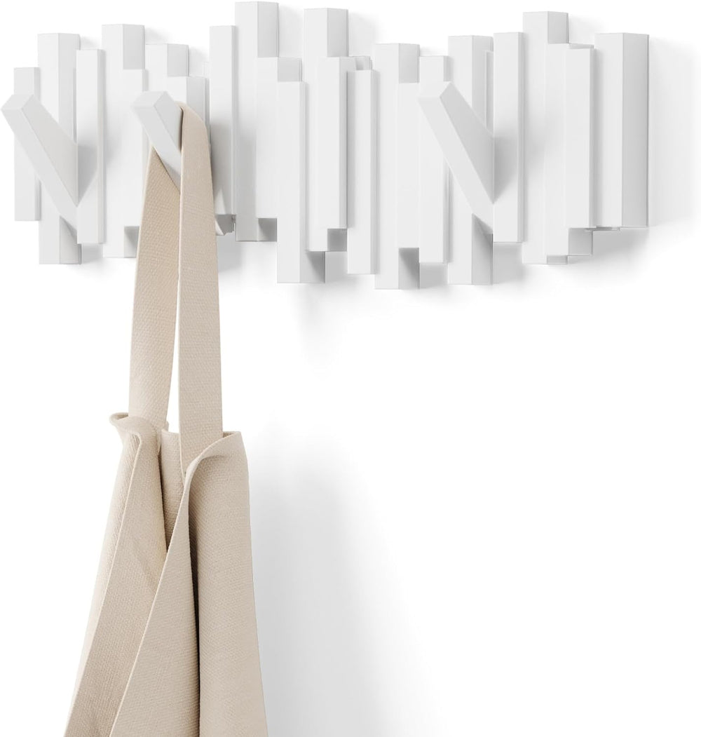 Umbra Sticks Wall Mount Coat Rack, 5 Hook Retractable Pegs, White