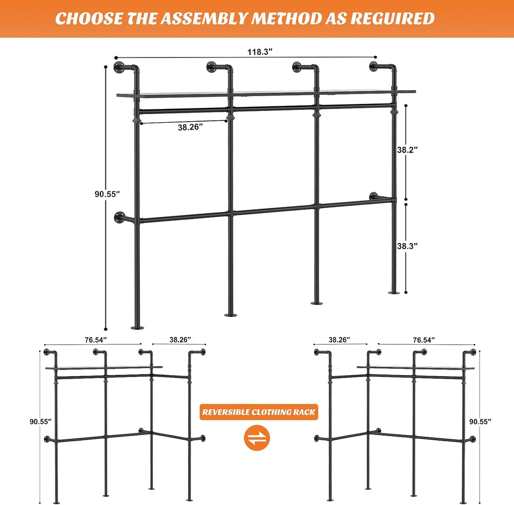 Aheaplus Industrial Pipe Clothing Rack, 118.3'' Closet System with RG...