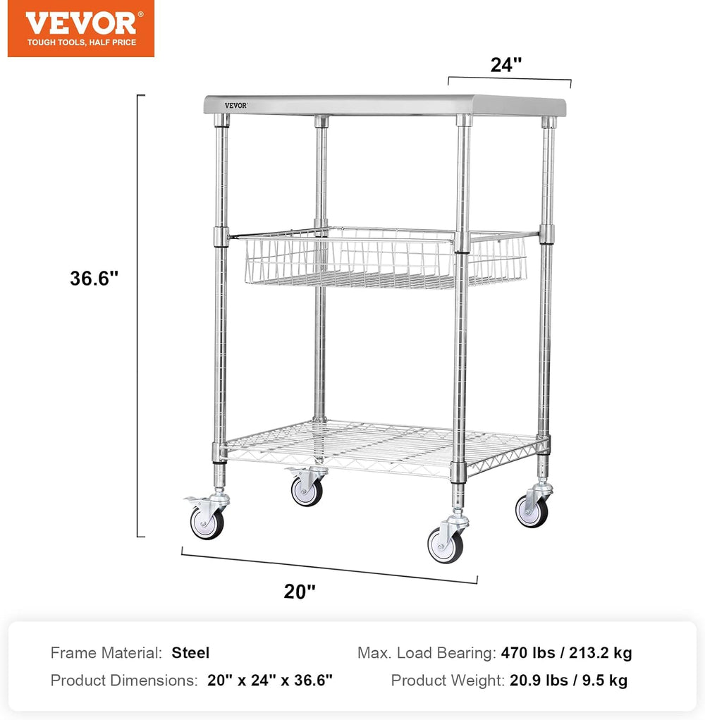 VEVOR Kitchen Utility Cart, 36.6"x20"x24" 3 Tiers Wire Rolling...