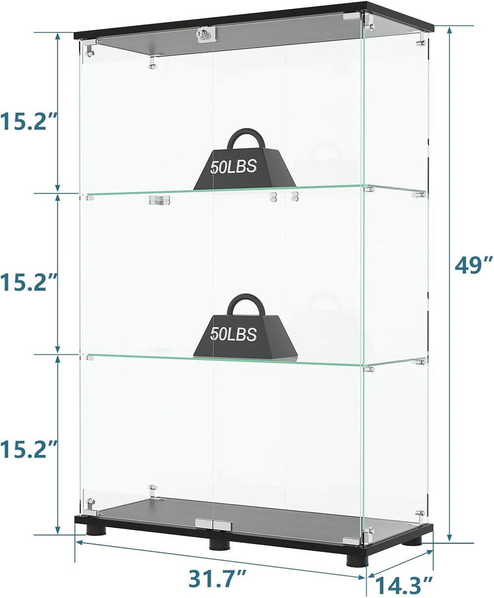 Glass Display Cabinet with 3-Shelf Double Doors and Lock, Curio Cabinet 5mm T...