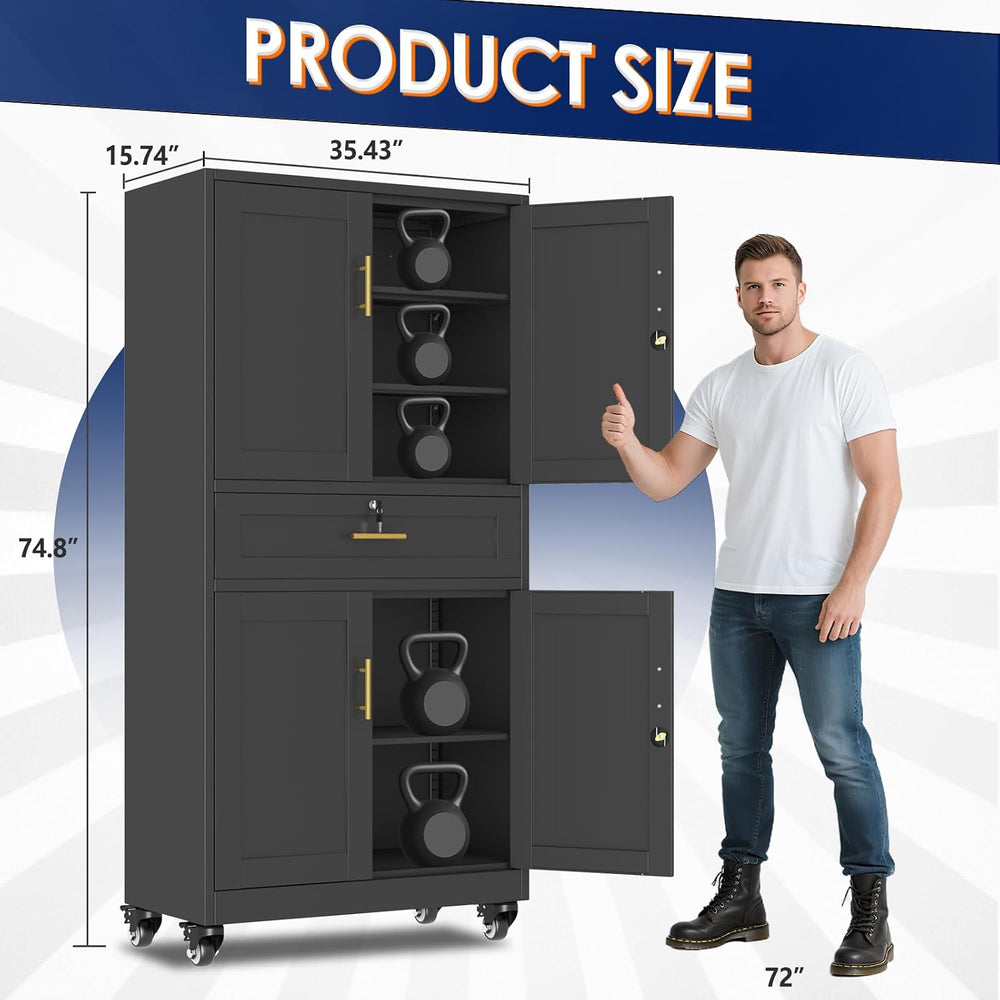 erosoei 75" H Metal Garage Storage Cabinet, Rolling Tool Cabinet with 2 ...
