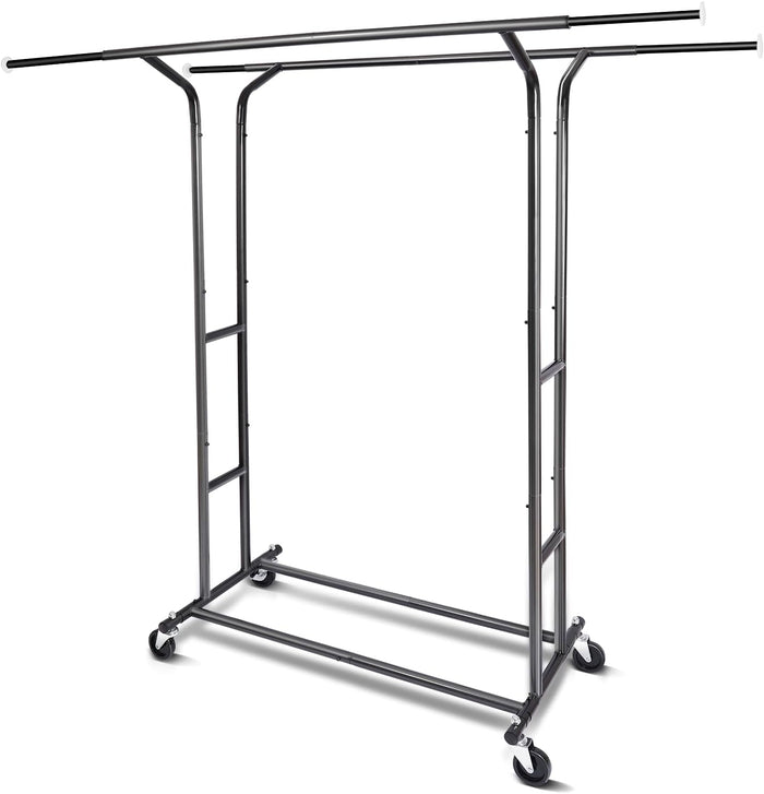 Fishat Black 60" H Heavy Duty Double Rod Rolling Clothes Garment Rack