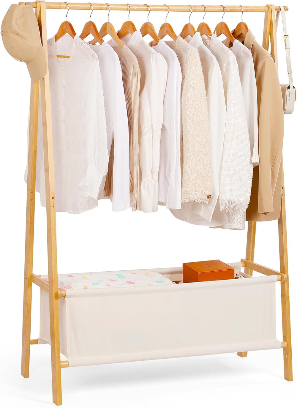 Bamboo Clothes Rack with Storage Box, Portable Extra Large Garment Rack Cloth...