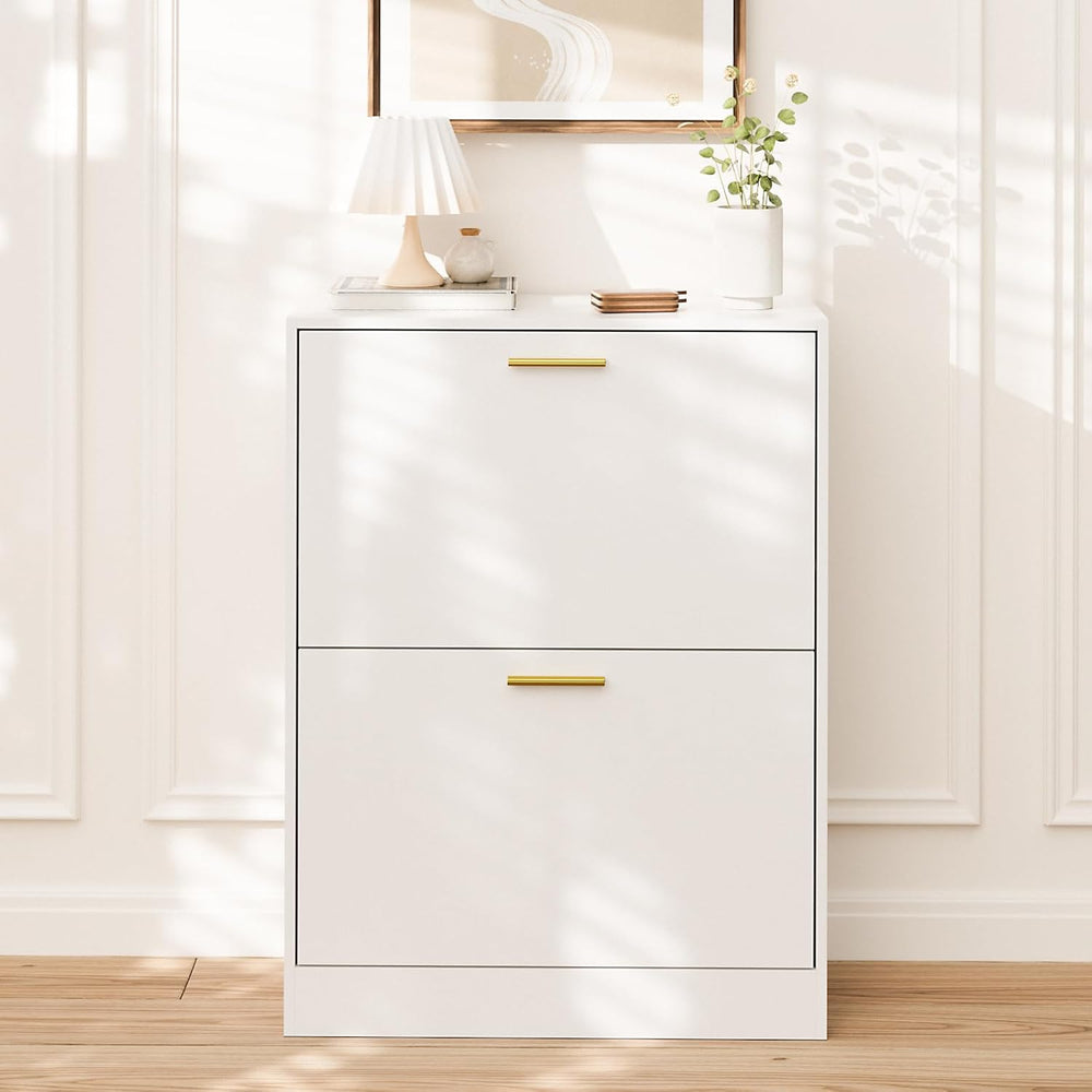 LYNSOM Entryway Shoe Cabinet Set of 2 with 2 Flip Drawers and Top Display, Wh...