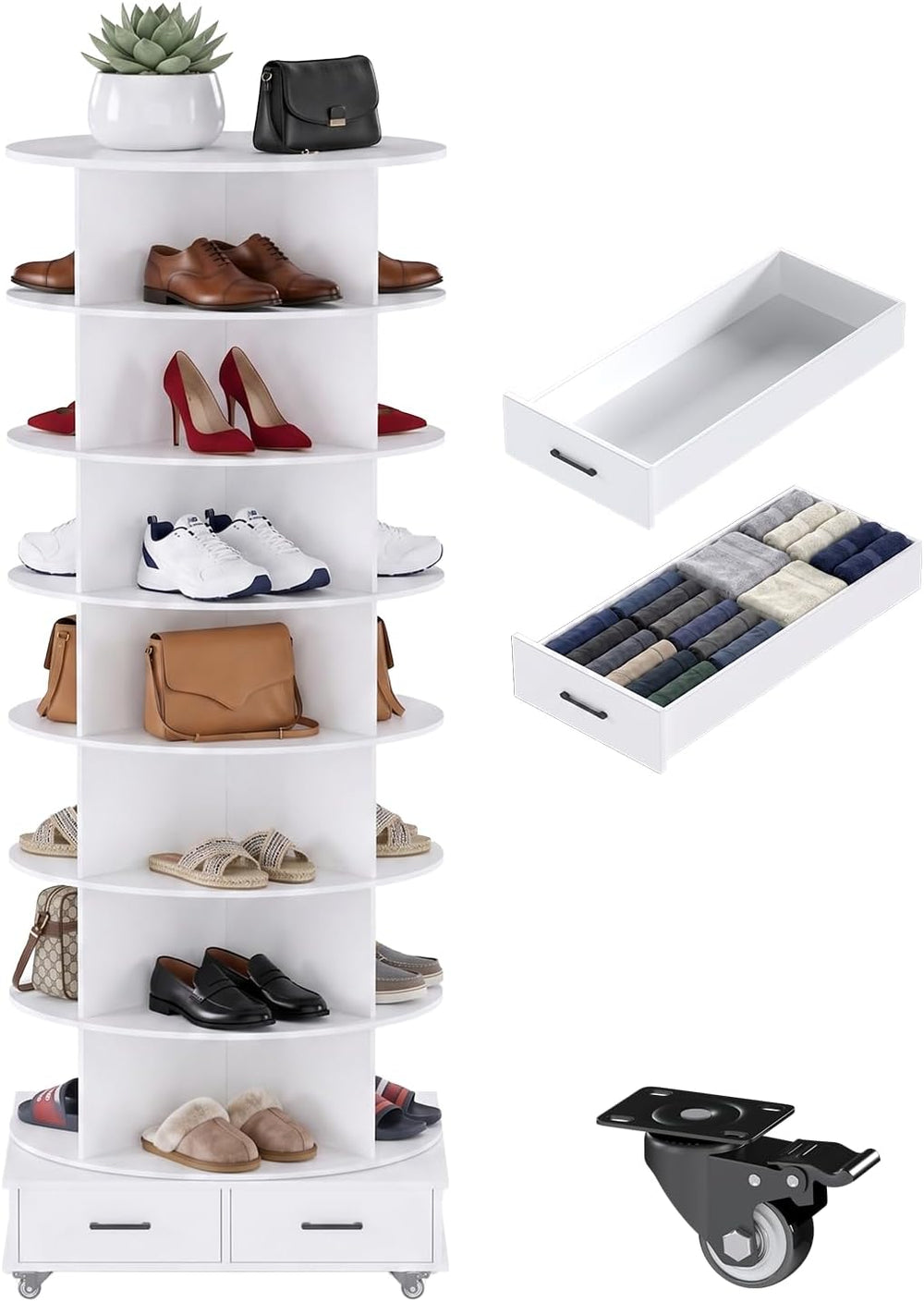 8 Tier Rotating Shoe Rack Contains 2 Drawers Shoe Tower Organizer