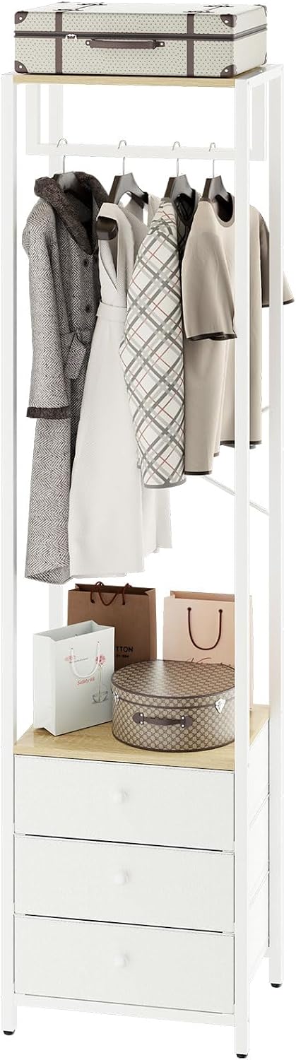YMYNY Garment Rack, Clothes Rack with Drawers, Freestanding Tall Closet Organizer with 3 Fabric Drawers, Clothes Stand for Hanging Shirts, Coat,15.35" L×11.41" W×70.47" H Wood Color&White UHGR001R