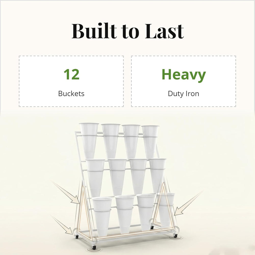 3 Tier Plant Stand with 12 Buckets, White Metal Flower Cart for Patio Garden ...