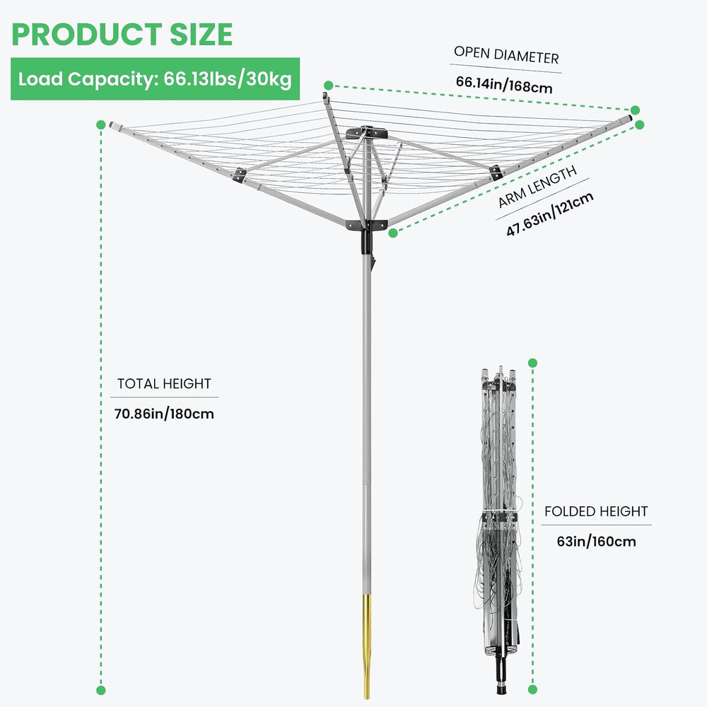 Outdoor Umbrella Drying Rack, 4-Aluminum Arms Folding Rotary Dryer with 12 Li...