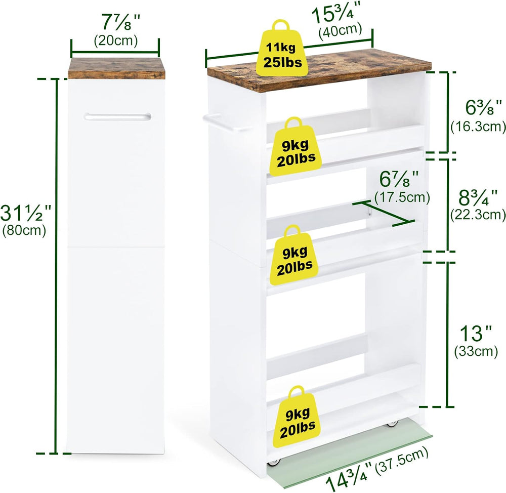 TEAMIX Slim Rolling Storage Cart, Wood 4-Tier Narrow Kitchen/Laundry Cart