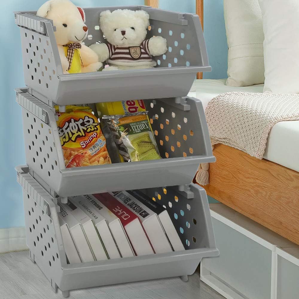 3-Pack Plastic Stacking Open Front Organizer Baskets, Gray