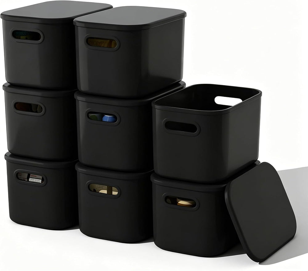 ORGIDOL 8 Pack Black Storage Bins with Lids Stackable Storage Container for O...