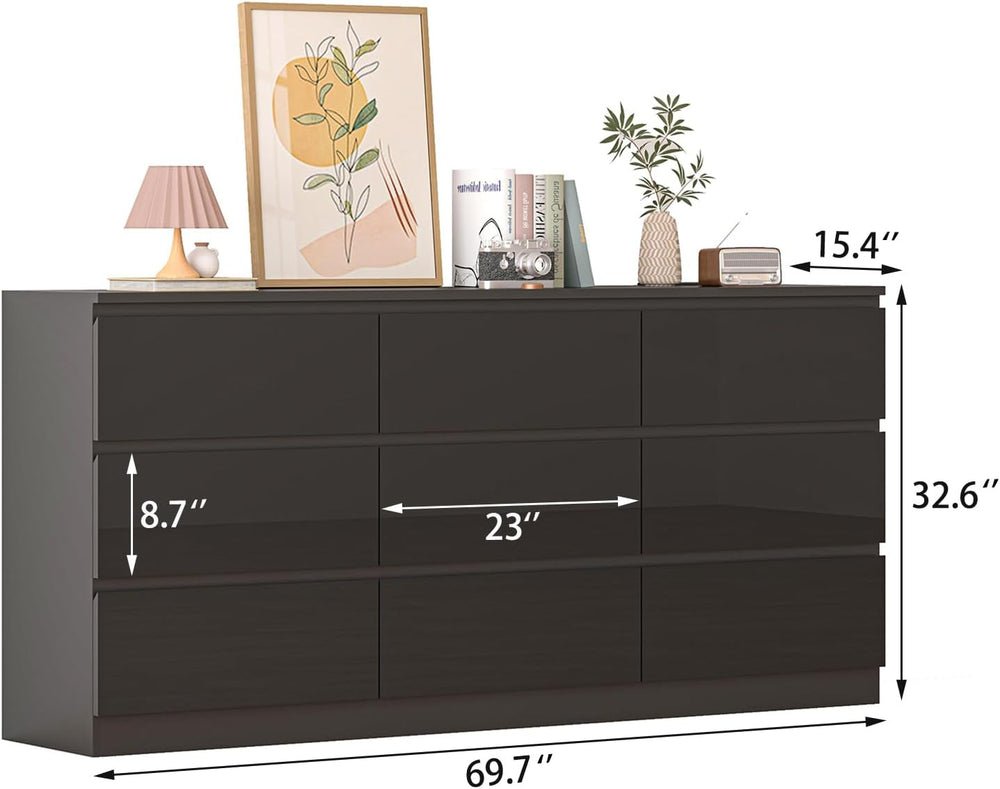 JassmiPkwy 70 INCH 9 Drawers Dresser with Power Outlet, Wide High Gloss Chest...