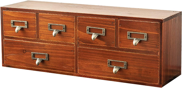 6-Drawer Vintage Desk Organizer Classic Brown Wood Storage Drawers for Tabletop - Slim Retro Style Desktop Organizing Cabinet with 6 Drawers - Office Study Table Wood Storage Box Organizer, 1-pack