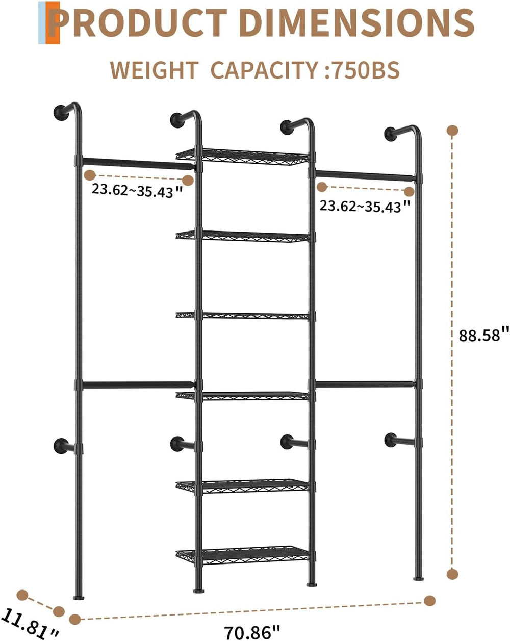 L3 Wall Mounted Pipe Closet System, Matte Black