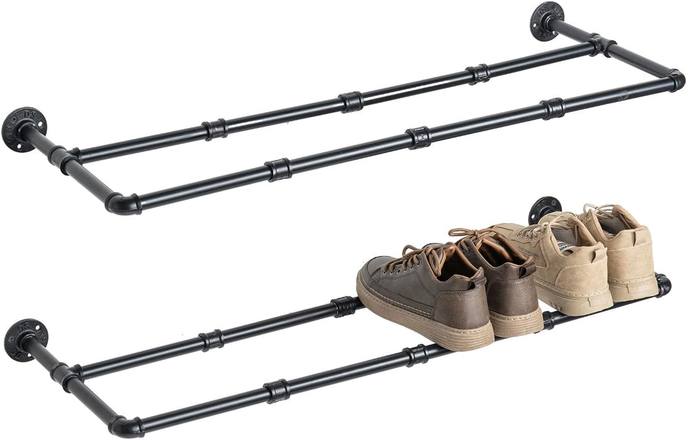 MyGift Matte Black Pipe Shoe Rack Shelves, Wall Mounted Footwear Organizer